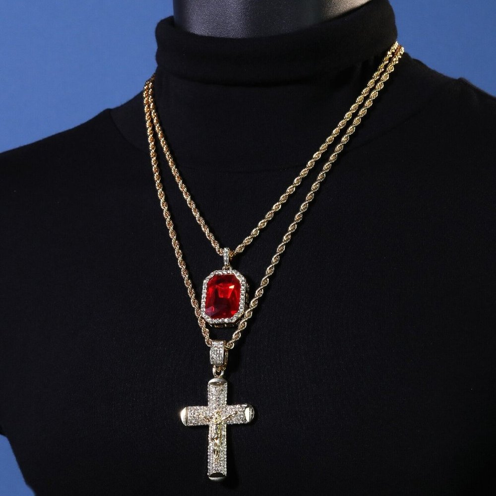 14k Gold Diamond Cross & Ruby Pendant